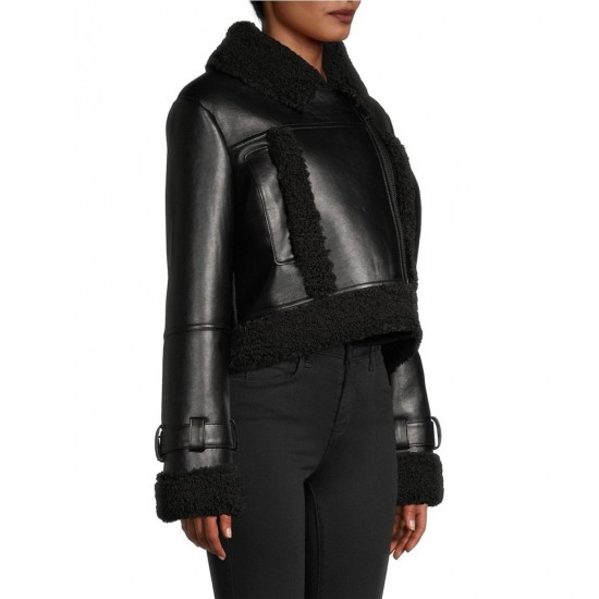 Black Leather & Faux Shearling Crop Jacket